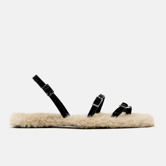 Zara FLAT Faux FUR Sandals - Picture 3 of 9
